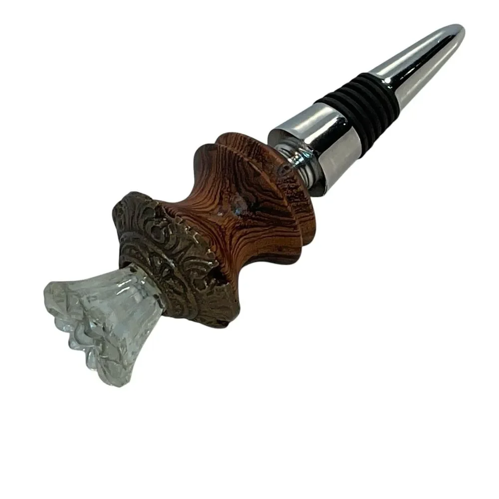Two Wine Bottle Stoppers Handcrafted Made in USA Wood Glass Lathe